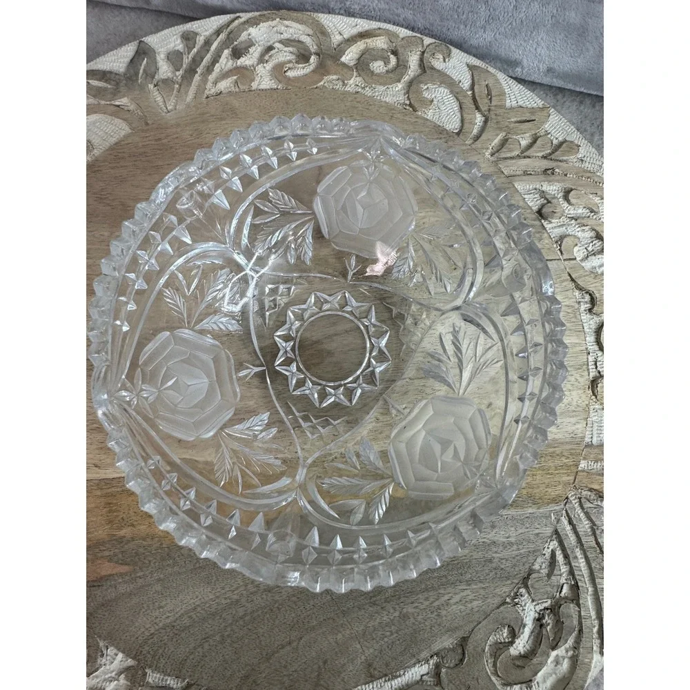 Vintage Frosted Rose Crystal Glass Bowl Scalloped‎ Floral Candy Dish 7